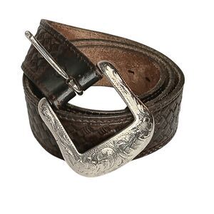 Dark Brown Leather Belt Basketweave Etched Silver Buckle Size 36 U S Accessories
